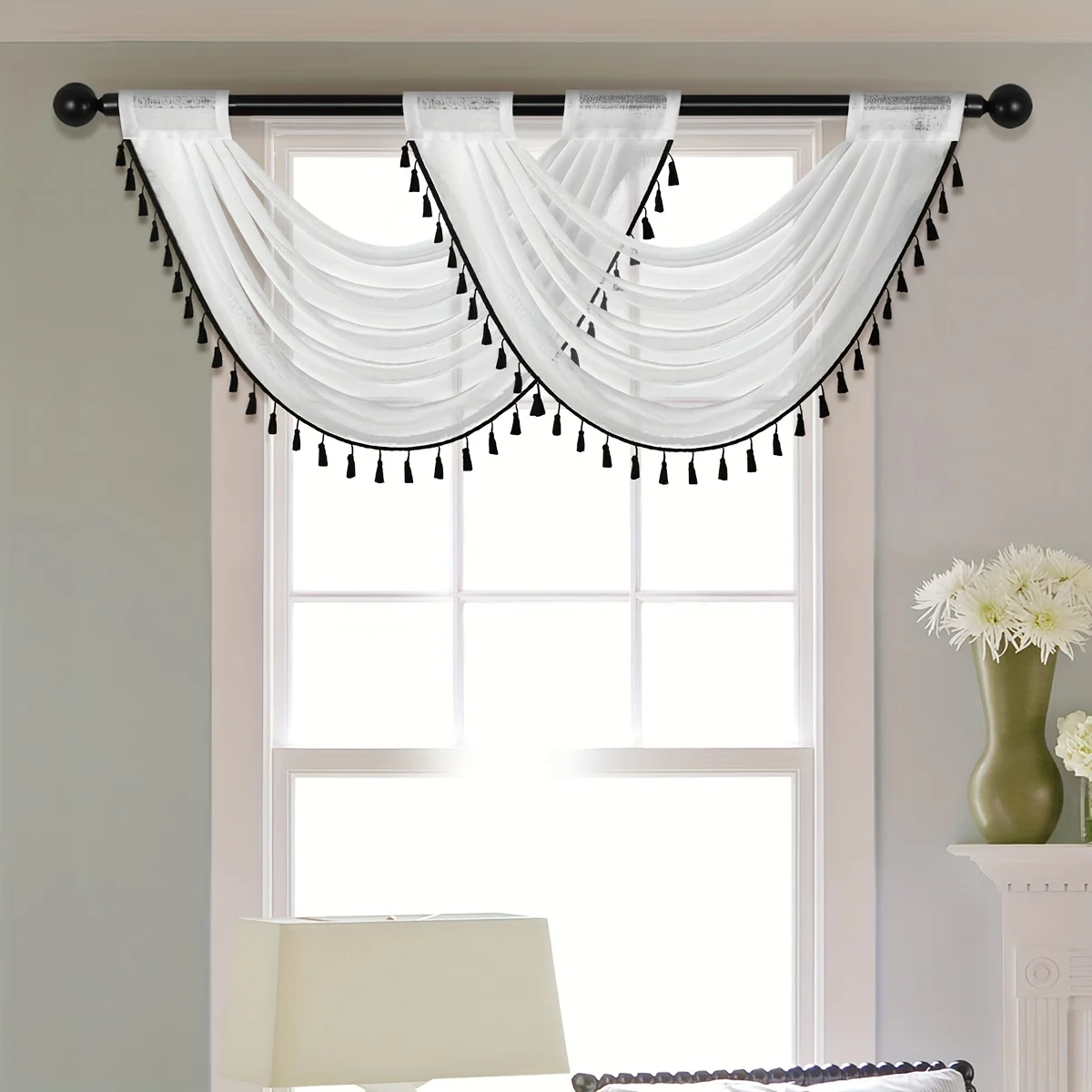 1pc Fashionable Sheer Wave Curtain Valance With Tassels Edge - Light-Transmitting, Rod Pocket, Perfect For Living Room, Bedroom, And Kitchen - 30x24 Inches - Deanwangkt