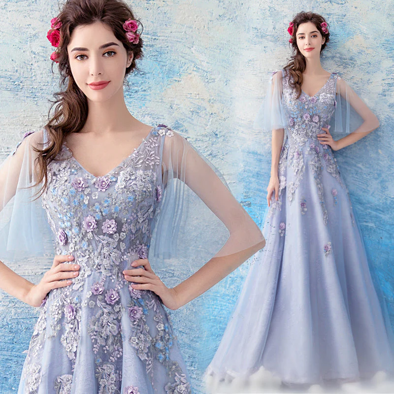 Solvbao Light Purple Tulle Flowers Lace A-line V-neckline Prom Dress,Purple New Party Dresses - Deanwangkt