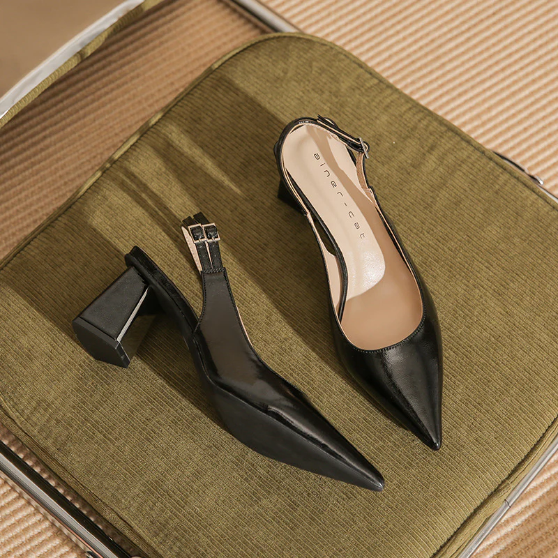 DEANWANGKT  61208 [Sheepskin] Pointed High Heel Shoes Women's Chunky Heel  Summer New Word Strap Closed Toe Sandals - Deanwangkt