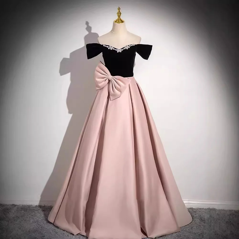 2025 Pink evening dress 2025 new one-word shoulder super fairy  satin princess dress birthday party art test dress dress dress - Deanwangkt