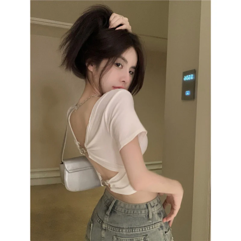 deanwangkt Pure Sweet Hot Girl Sexy Short Hollow Backless Top Women's Design Sense Niche Summer Slim-Fit Short-Sleeved T-shirt - Deanwangkt