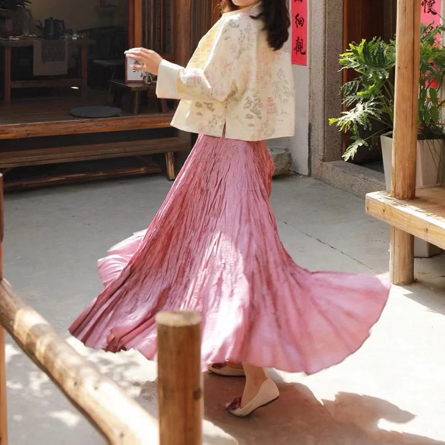 2025 Hot-selling skirt women's summer long A-shaped design sense manual pleated pendant sense loose and thin Sanzhai pleated skirt - Deanwangkt