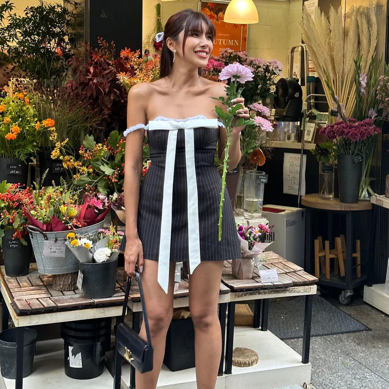 Europe and America Cross Border 2023 Summer Hot Sexy Pure Bow Self-Tie Lace Lace Tube Top Women's Clothing Dress - Deanwangkt