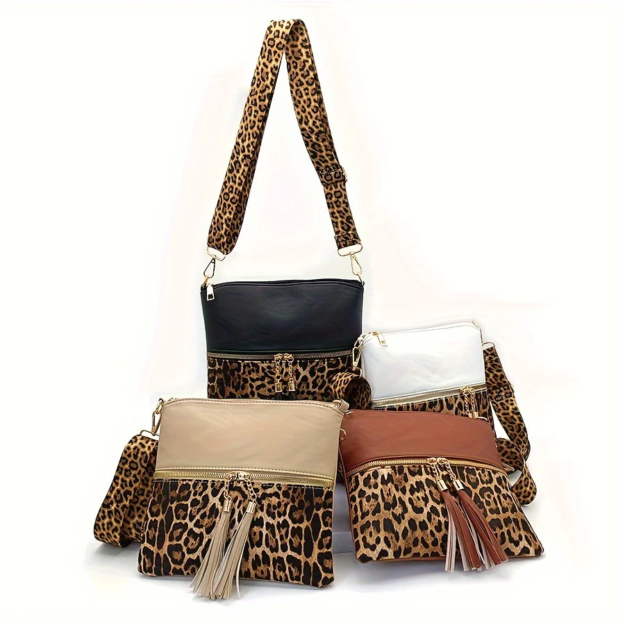 Stylish Leopard Print Tassel PU Crossbody Pouches - Adjustable Removable Strap, Zipper Closure, Polyester Lining, Random Animal Print Design - Fashionable Womens Handbags for Everyday Use - Deanwangkt