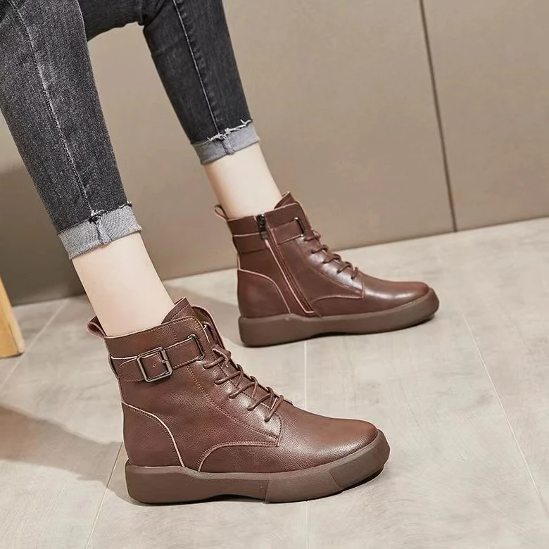 Martin Boots for Women  Autumn and Winter New HOTan and NEWn round Head Thick Bottom Muffin Heel Lace-up Belt Buckle British Style Ankle Boots Women - Deanwangkt