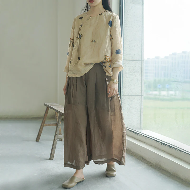 design Chinese diagonal placket digital printed ramie top, tea clothes double-layer anti-penetration Zen shirt S22182 - Deanwangkt