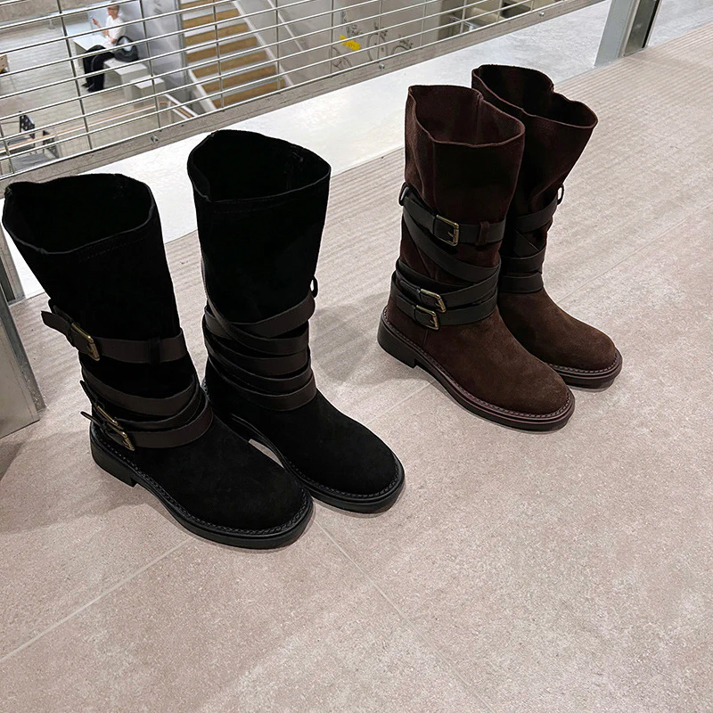 2025  Belt Buckle Medium Boots Women's Velvet Skinny Pile Boots Strap Western Cowboy Boots Brown Knight Boots - Deanwangkt