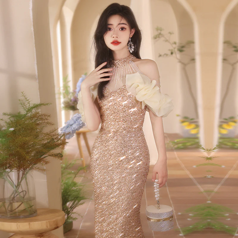 2025 Golden Evening Dress 2025 New Celebrity  Sequin Waist Fishtail Dress One Shoulder Banquet Art Examination Dress Dress - Deanwangkt
