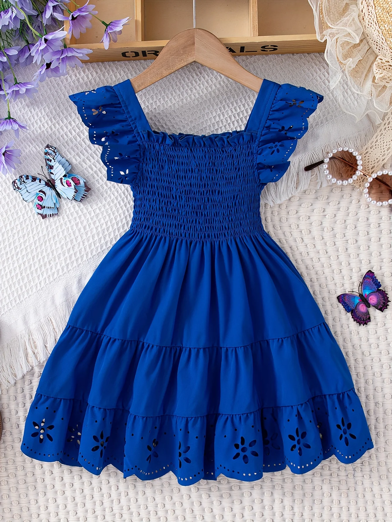 Knee-High Girls Comfy Solid Ruffle Sleeve Square Neck Dress for Summer Holiday Party - Loose Fit, Flared Hem, Shirred Details, Non-Stretch Polyester Fabric - Perfect Gift for Little Princesses - Deanwangkt