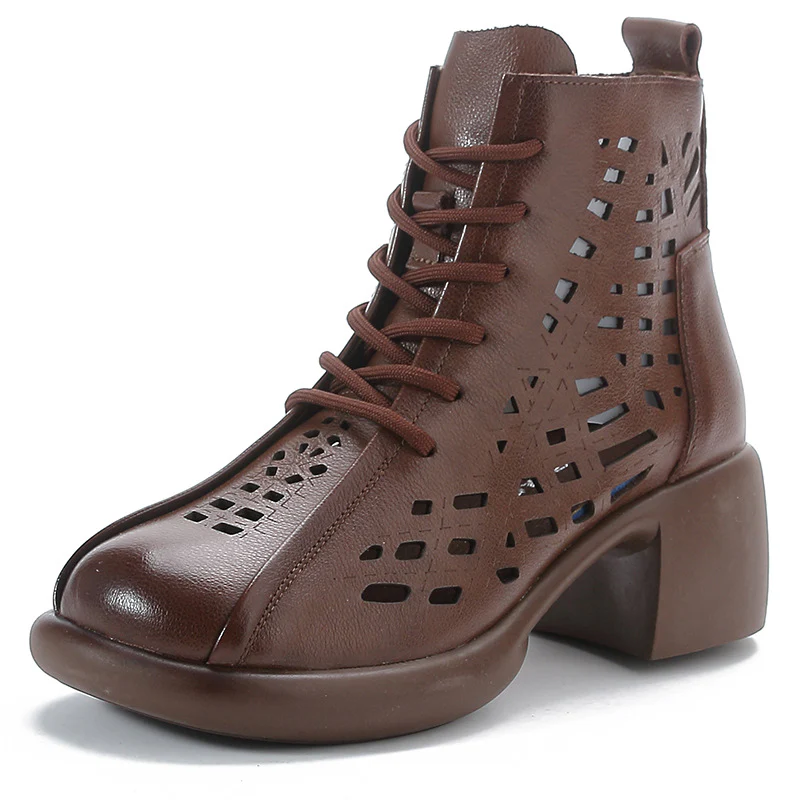 First Layer Cowhide Spring Summer Chunky Heel Martin Boots Women's Retro High Heel Hollow Boots Thick-Soled Leather Sandal Boots Hole Shoes - Deanwangkt