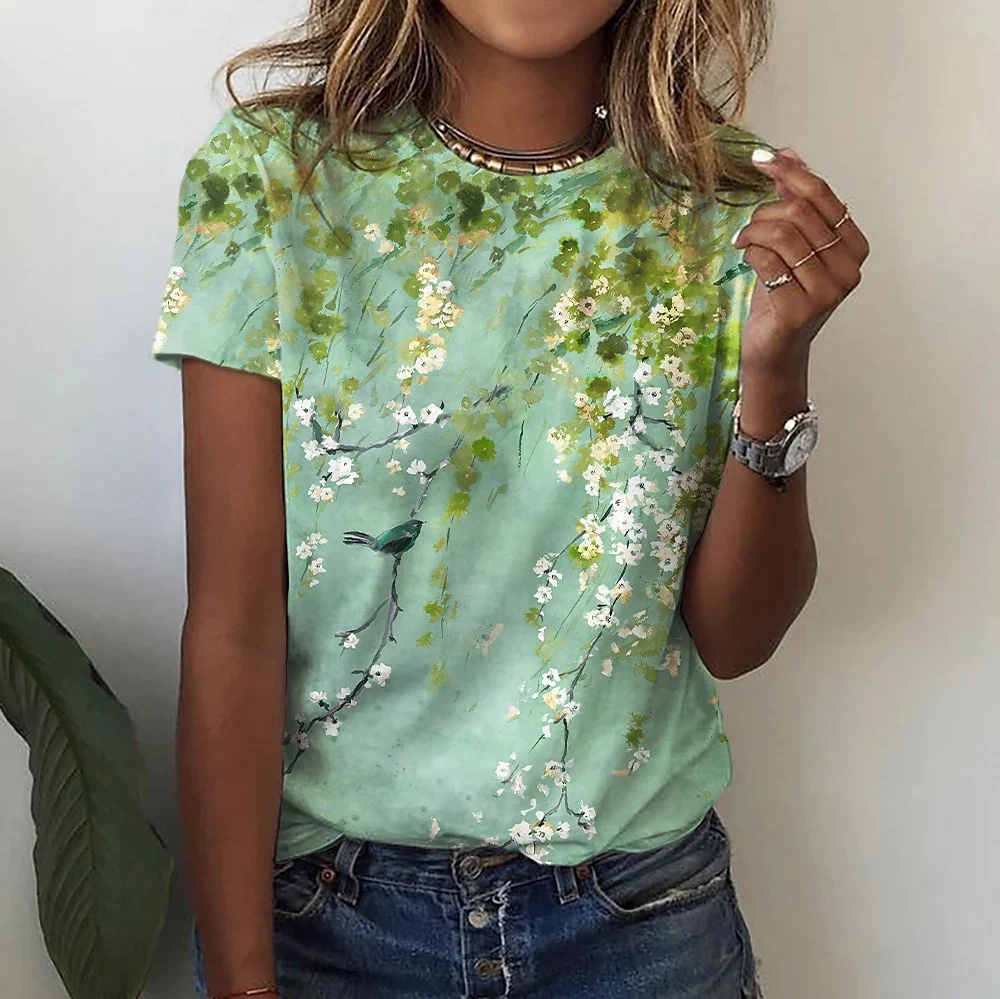 DEANWANGKT  European and American Women's Clothing Summer New Foreign Trade 3D Plant Flower Digital Printed round Neck Short Sleeve Women's T-shirt ME15 - Deanwangkt