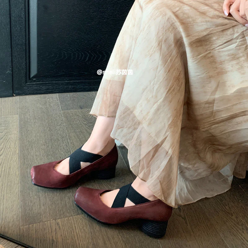 DEANWANGKT  Genuine Leather Mary Jane Pumps Autumn and Winter Retro Cross Belt Square Toe Comfortable Chunky Heel High Heel Pig Nose Ballet Shoes - Deanwangkt