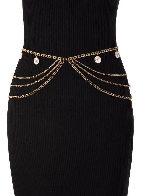 2025  FB3330  waist chain sun flower pendant multi-layer wave tassel side pendulum chain waist chain waist jewelry - Deanwangkt