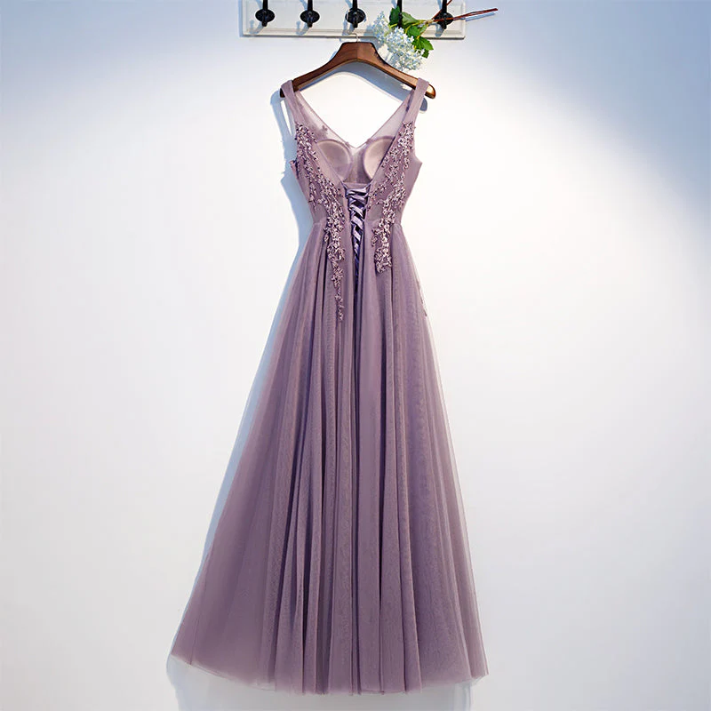 Solvbao Purple V-Neck Simple A-line Floor-length Appliques Bling Ruched Party, Formal Dresses Long Prom Dress - Deanwangkt