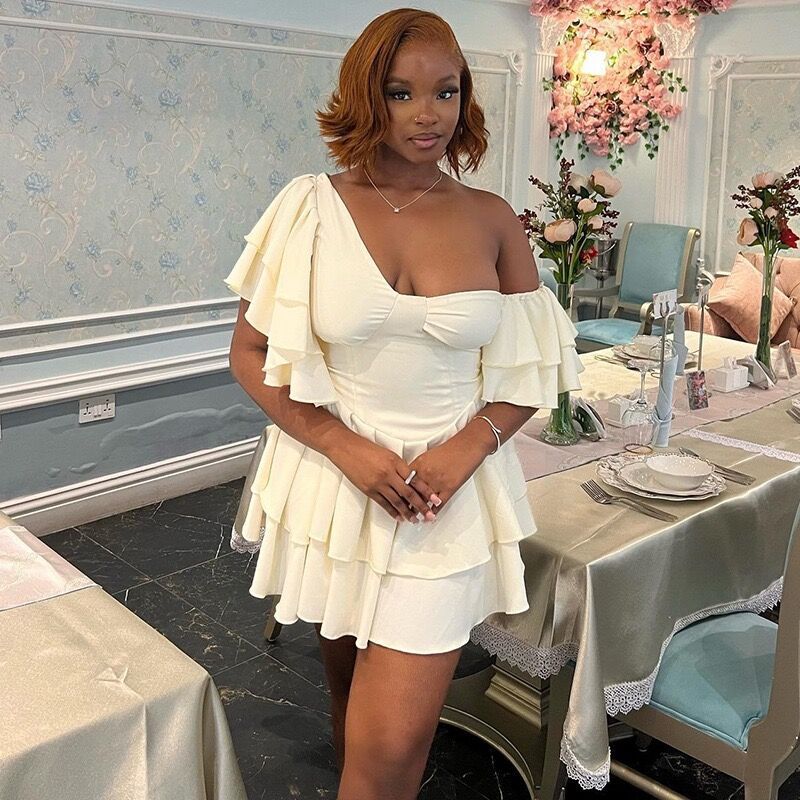 2025 DEANWANGKT   New  slash shoulder tube top pleated lotus leaf sleeve dress women's irregular design skirt - Deanwangkt