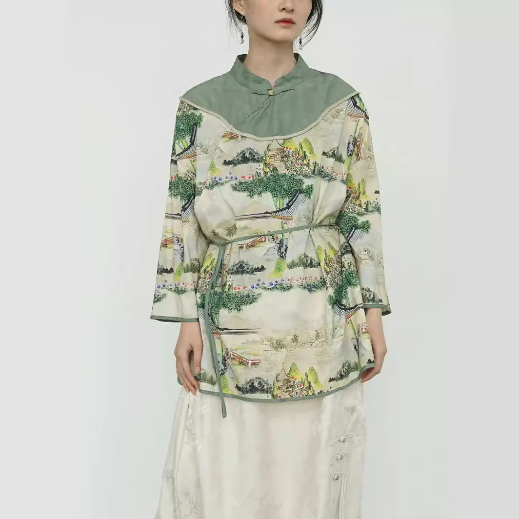 design pavilion printed pure cotton cloud shoulder shirt, new Chinese classical new medium and long top S24150 - Deanwangkt