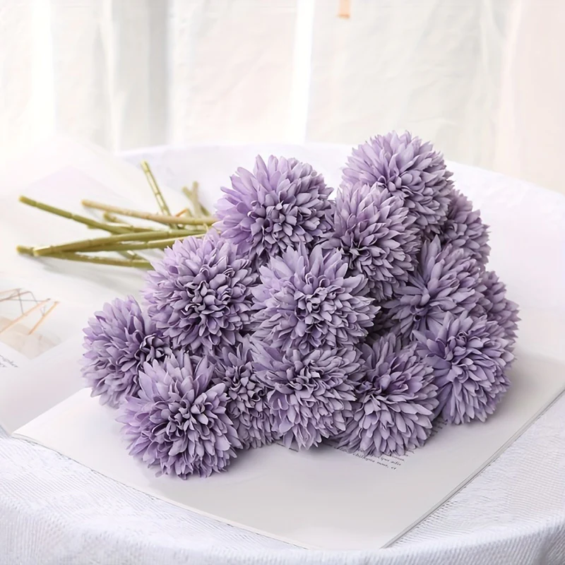 5pcs Silk Artificial Chrysanthemum Flowers, Fake Dandelion for DIY Bridal Wedding Bouquet Floral Decor Home Garden Party Wedding Decoration - Deanwangkt
