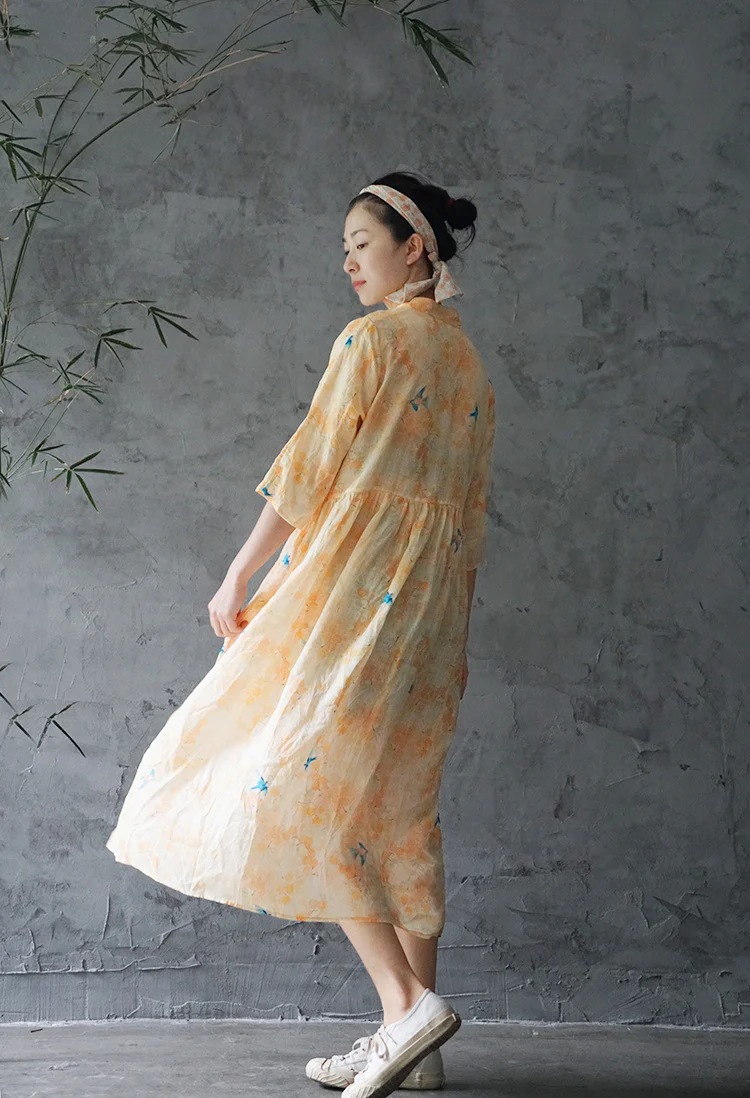 design national style ramie printing loose dress women's summer literary travel hemp dress L2098 - Deanwangkt