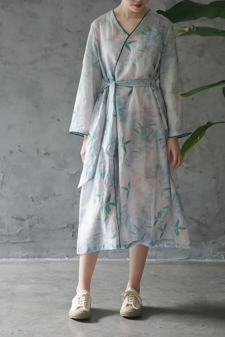 literary and artistic V-neck diagonal ramie printed multi-button dress, retro and fresh design travel robe L2248 - Deanwangkt