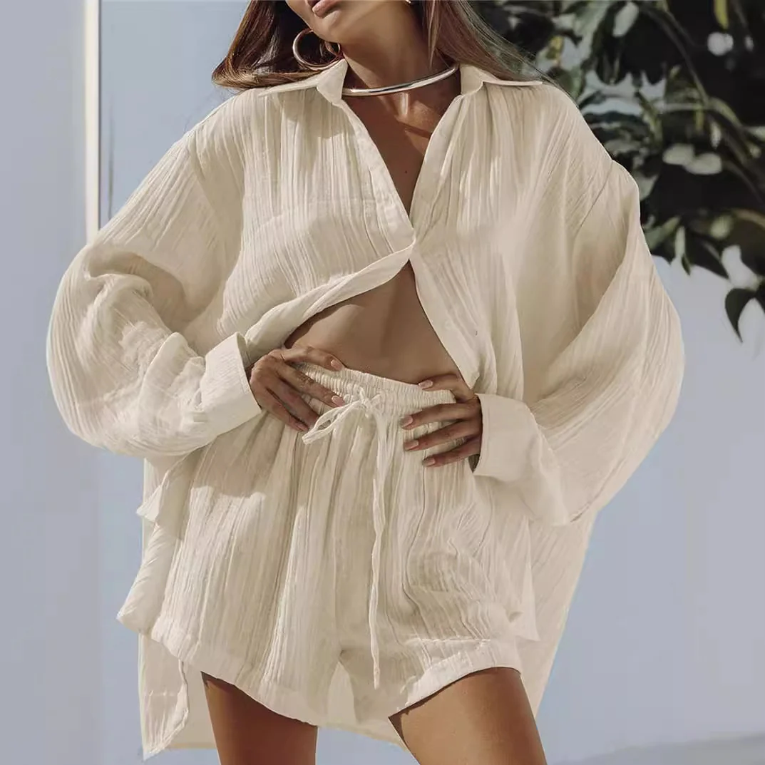 DEANWANGKT  European and American Style Women Casual Two-Piece Suit  Summer New Long Sleeve Shirt Top and Shorts Sportswear Suit - Deanwangkt