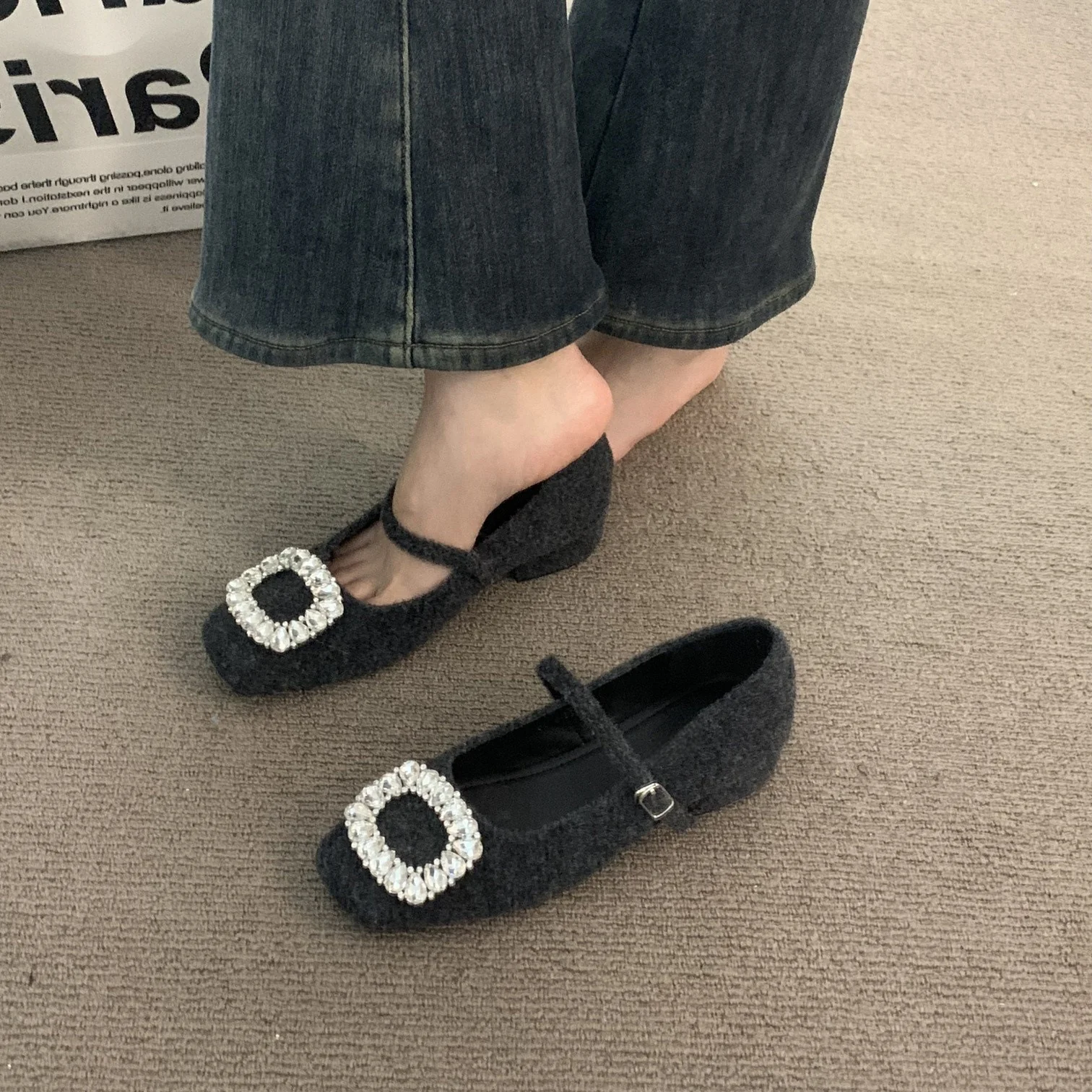 2025  gray thick heel rhinestone single shoes women's shoes 2025 new spring skirt gentle evening grandma shoes - Deanwangkt