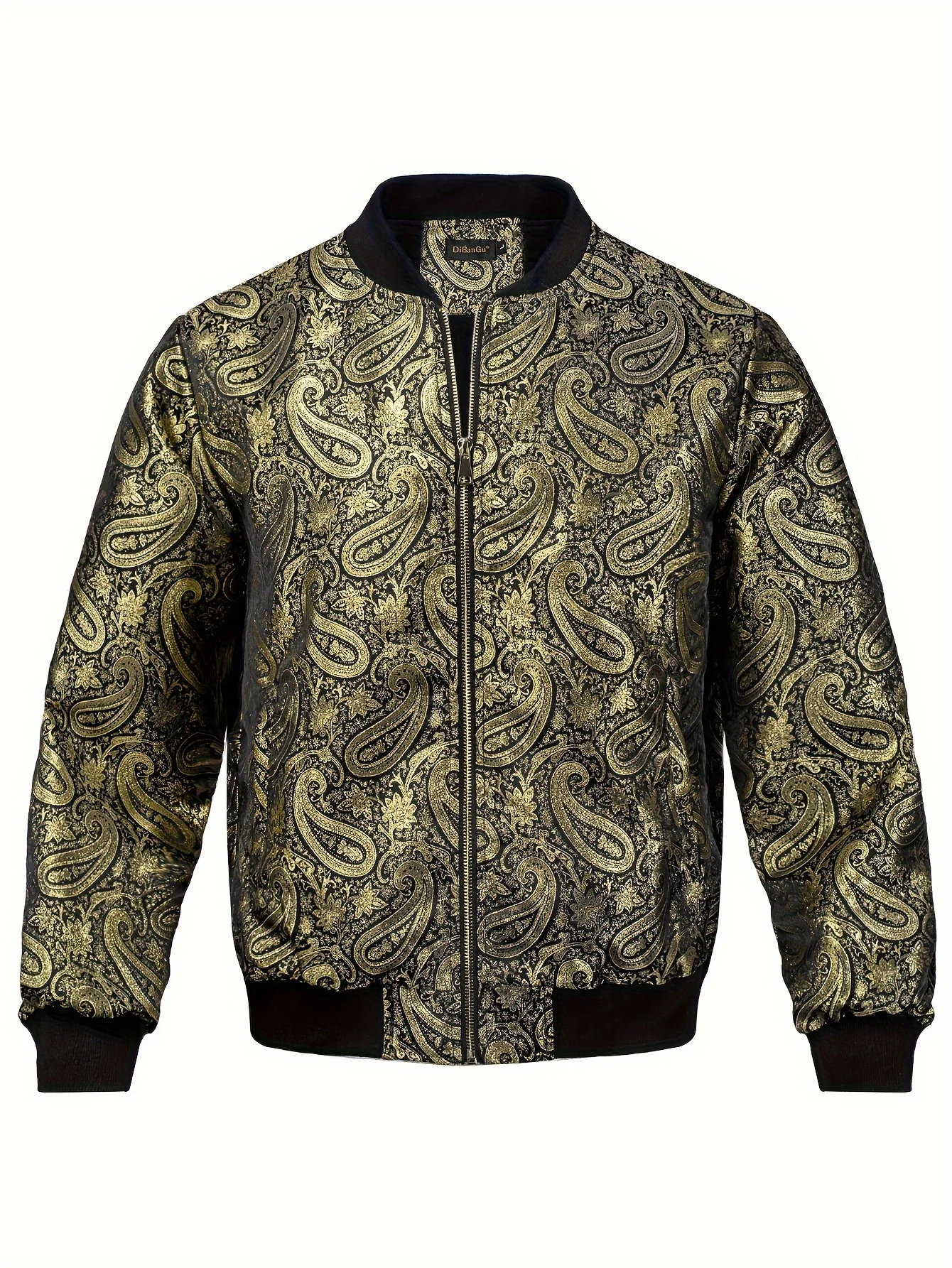 Yellow Paisley Men's Jacquard Floral Jacket Casual Zip Windbreaker Bomber Jacket Warm Coat - Deanwangkt
