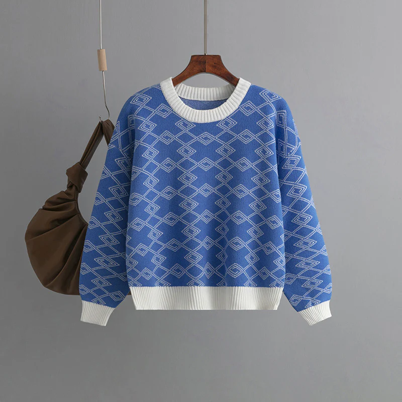 DEANWANGKT Cross-border 2025 Express Jacquard Long Sleeve Sweater Women's Autumn and Winter  New Loose Versatile Crew Neck Hot Style Top - Deanwangkt