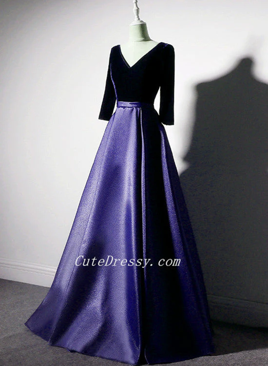 Solvbao Purple Satin with Velvet Long Party Dress Formal Dress, Purple Evening Dresses - Deanwangkt