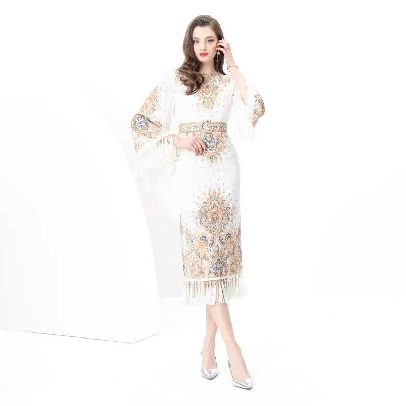 New Women's Retro Crew Neck Waist Flared Sleeve Fringed Trim Printed Dress - Deanwangkt