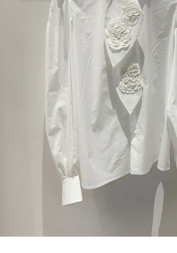 Women's tie collar 3D flower embroidery long sleeve white blouse shirt SMLXLXXL - Deanwangkt