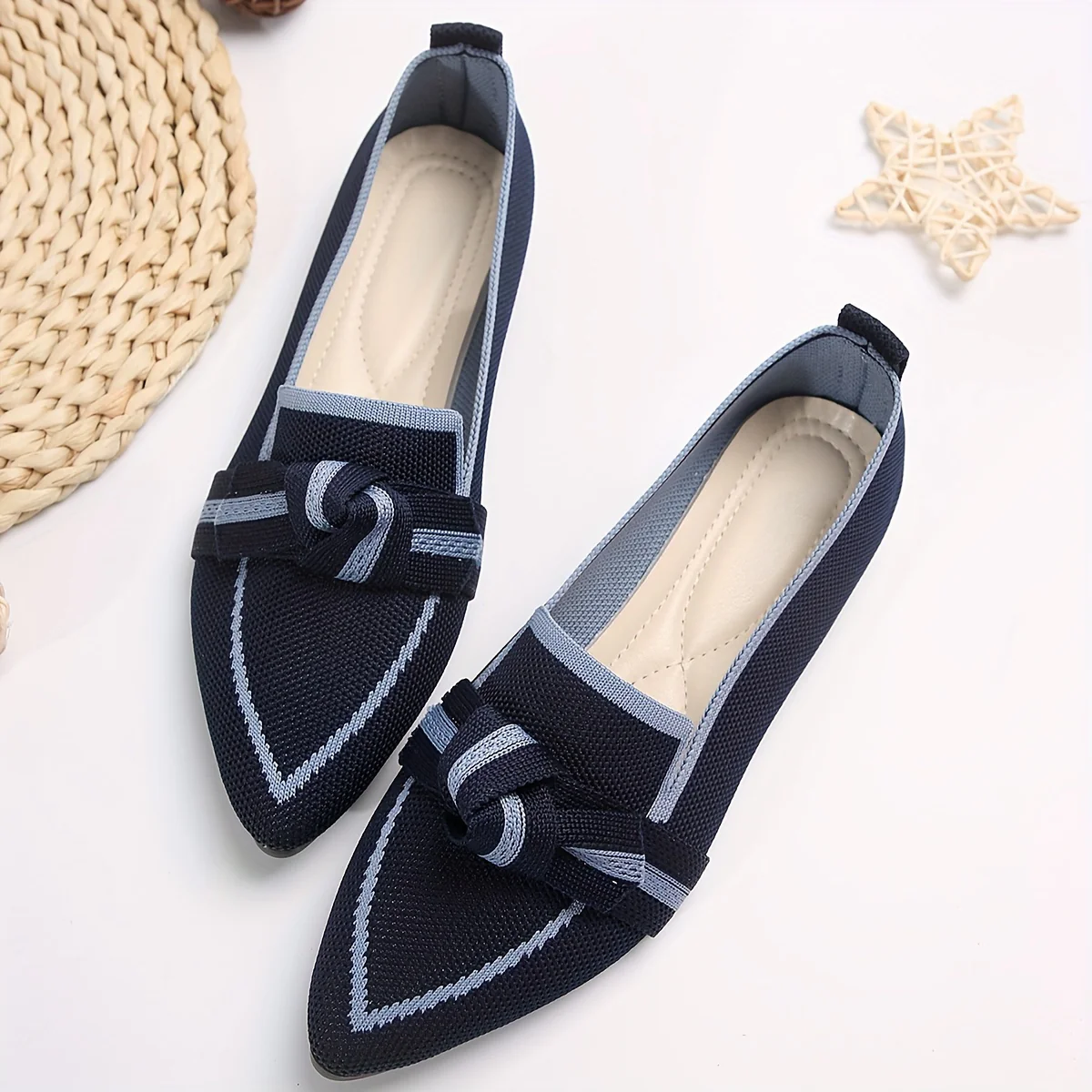 Womens Chic Knot Flat Shoes - Soft Knitted Slip-Ons with Pointed Toe - Ultra-Comfortable & Breathable for Everyday Style - Deanwangkt