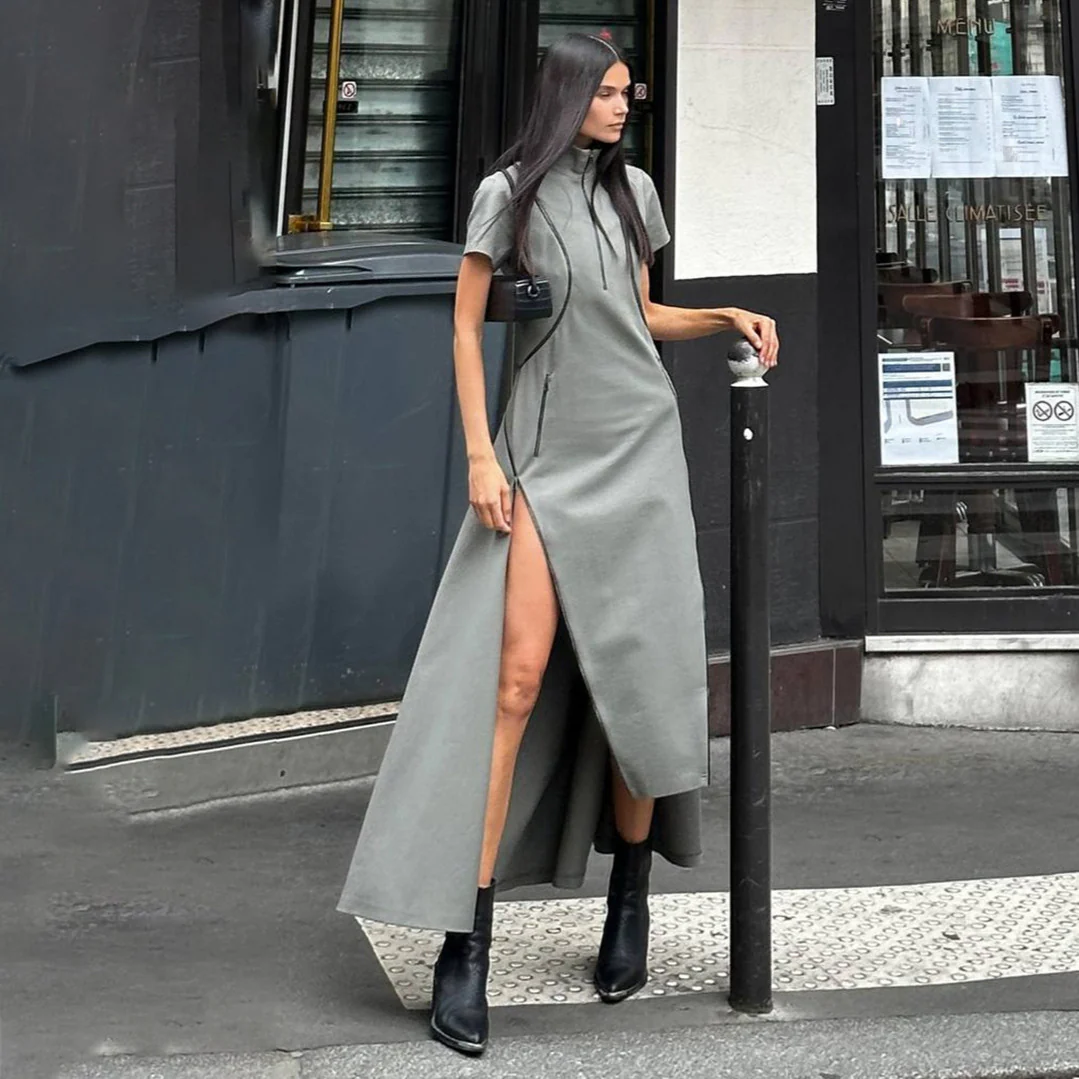 slim-fit niche high-split stand-up collar striped heavy industry zipper open-close dress trendy brand irregular cool Sa style - Deanwangkt