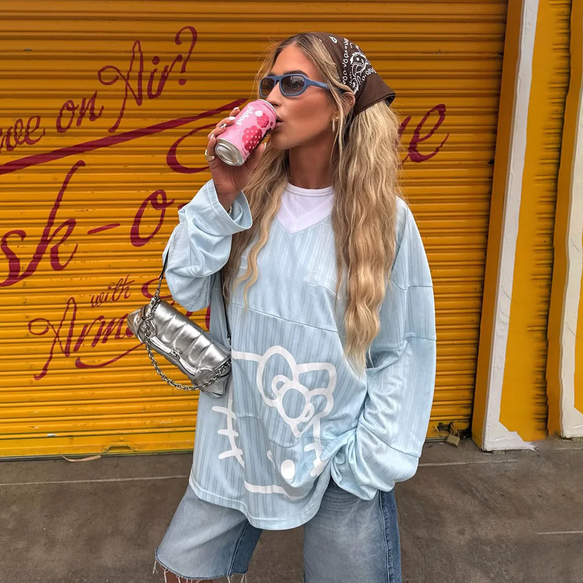 summer new Kitty cat pattern striped long-sleeved T-shirt women's V-neck loose Spice girl street casual, versatile - Deanwangkt