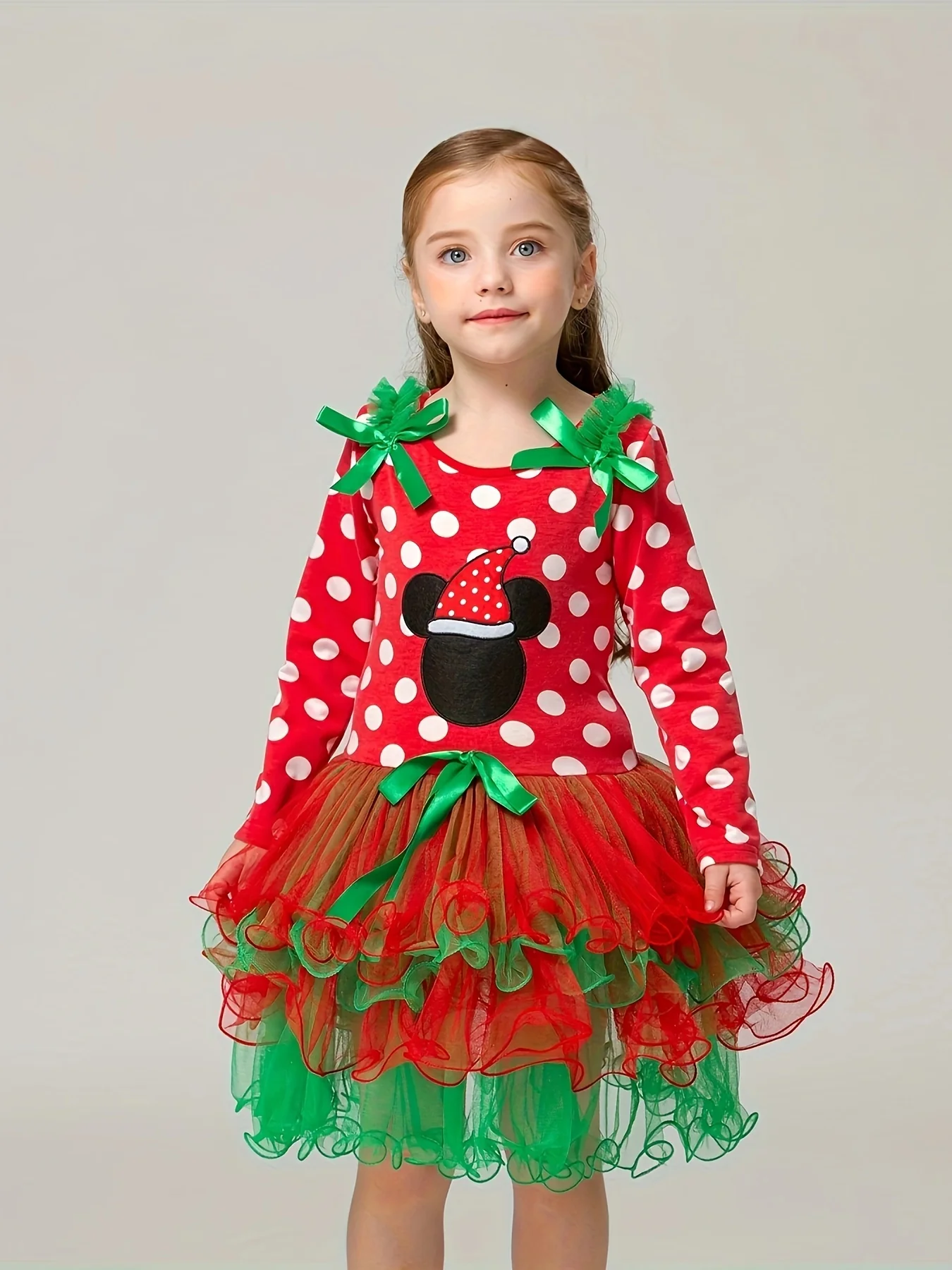 Christmas Baby Girls Long Sleeve Dress, Cute Cartoon Print Multi-layer Mesh Puffy Princess Dress, Girls Holiday Party Performance Dress - Deanwangkt