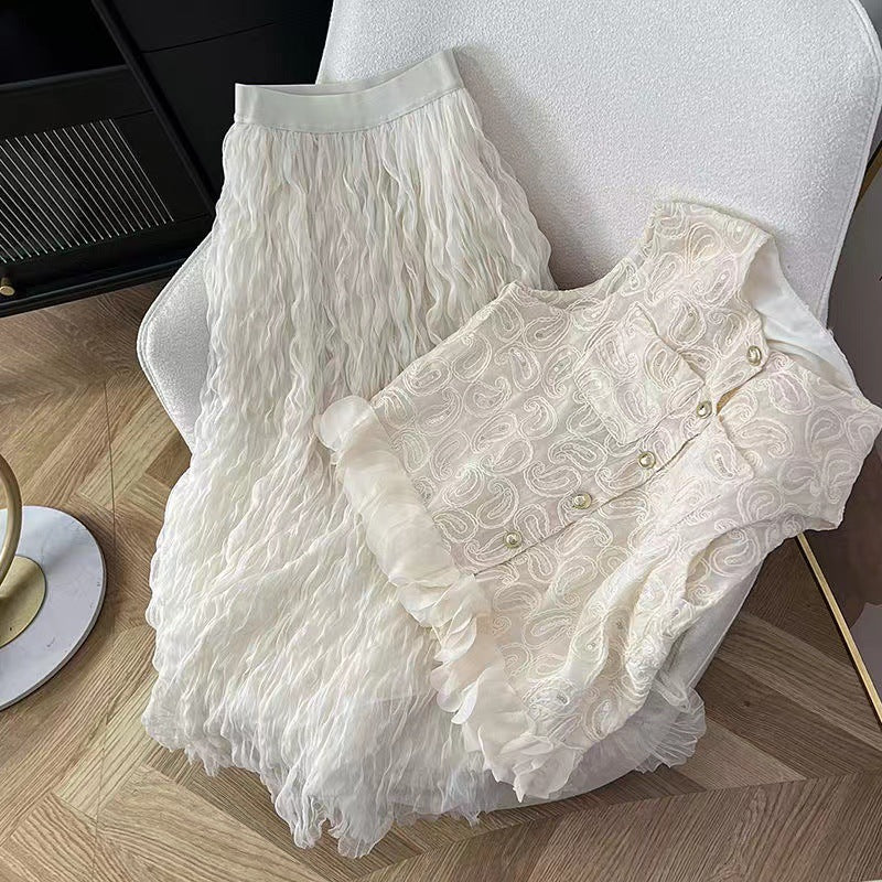 2025 popular spring and summer new super fairy new Chinese heavy industry two-piece set embroidery sequined vest chic mesh skirt women - Deanwangkt