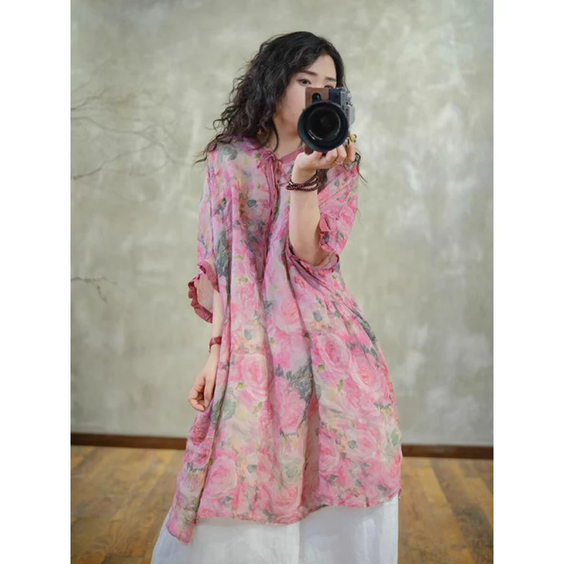 summer new fashionable travel age reduction Popular style personality literary retro printing light shirt dress - Deanwangkt