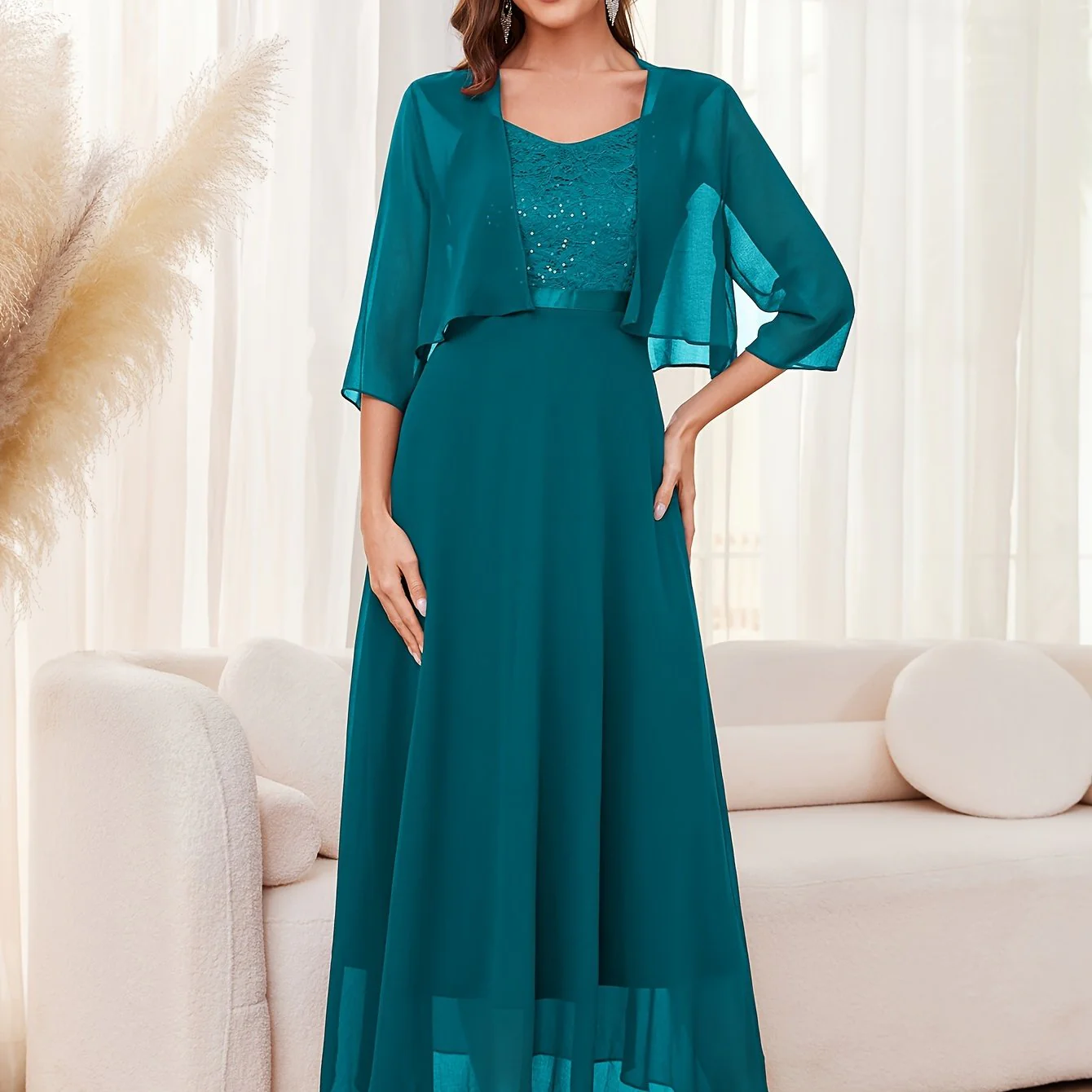 Elegant Pendulum Dress Set - Crew Neck, Micro Elastic Polyester, Solid Color, Open Front Half Sleeve Cover Up & Sequined Lace Splicing Aline Flowy Dress for Women - Hand Wash or Professional Dry Clean, Woven Fabric - Deanwangkt