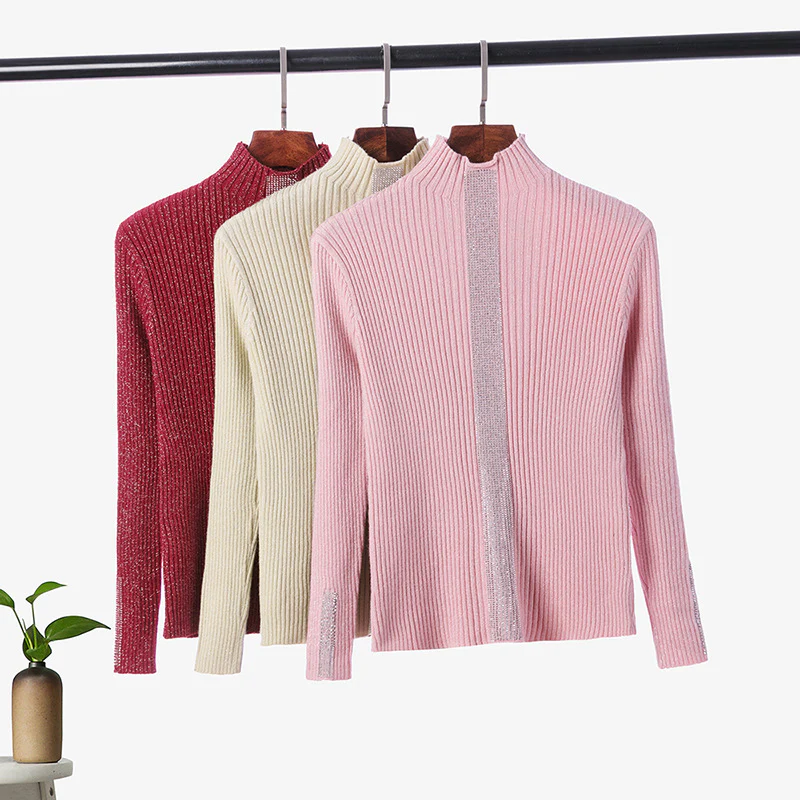 DEANWANGKT Semi-turtleneck thick knitted sweater women's long-sleeved autumn and winter new hot diamond pullover slim-fitting versatile bottoming shirt top - Deanwangkt