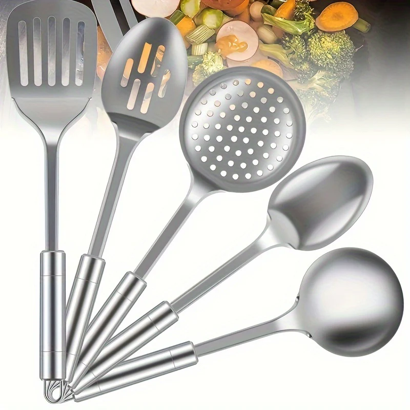 5pcs/set, Kitchen Utensil Set, Stainless Steel Spoons And Spatula Set With Ergonomic Handle, Safety Cooking Utensils Set, Non-Stick Kitchen Tools Set, Cooking Turner, Spatula, Cooking Soup Spoon, Colander Spoon, Kitchen Stuff, Kitchen Gadgets - Deanwangkt