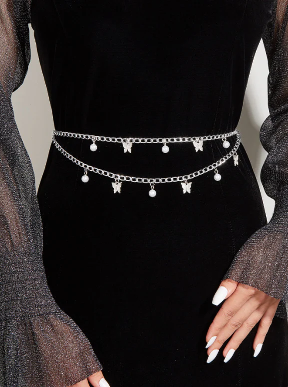 2025  3217 hot-selling waistchain alloy small butterfly pearl grain pendant exquisite fashion waist chain waist jewelry body chain - Deanwangkt