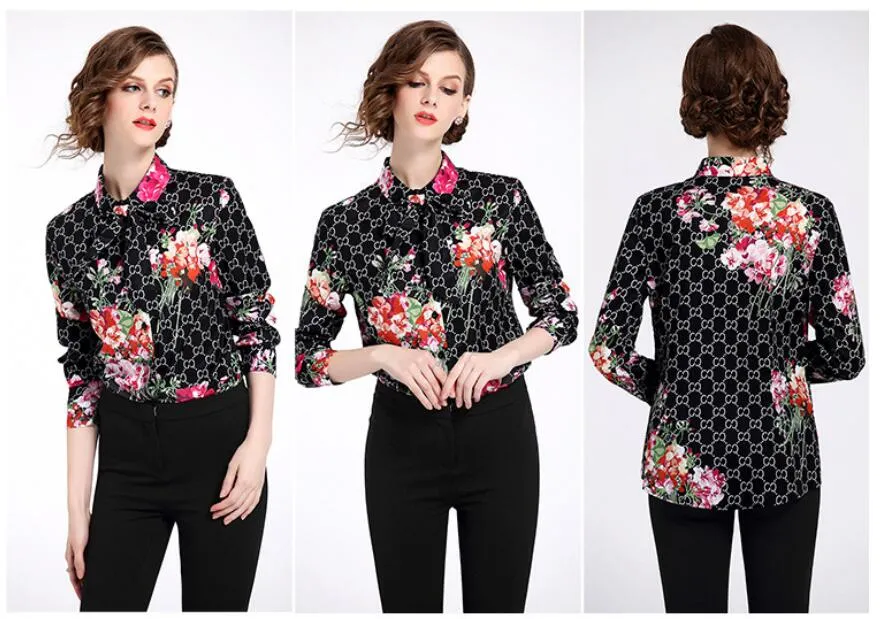 Designer Women Shirts Luxury GG Letter Chiffon Office Blouses Polo-Neck Lattice Ladies Loose Temperament Tops Blusas Fashion Dresses - Deanwangkt