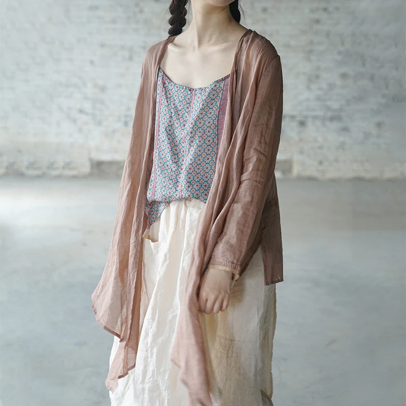 casual literary and artistic thin ramie irregular sunscreen cardigan versatile and thin commuter lace-up shawl S21130 - Deanwangkt