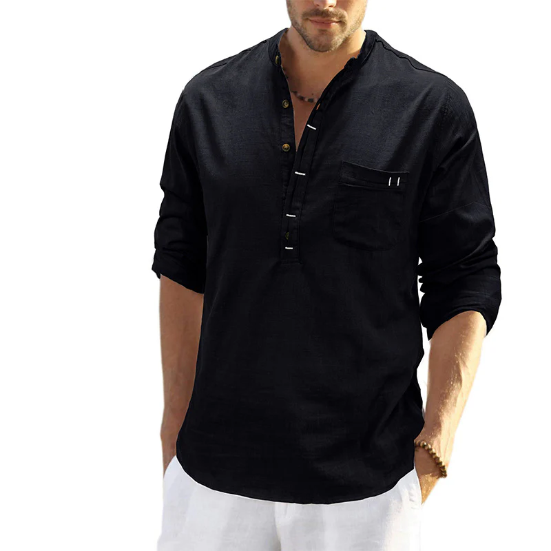 DEANWANGKT 2025 men's clothing  autumn and winter cotton and linen shirts, Popular trade long-sleeved Henry collar tops, loose men's linen shirts - Deanwangkt