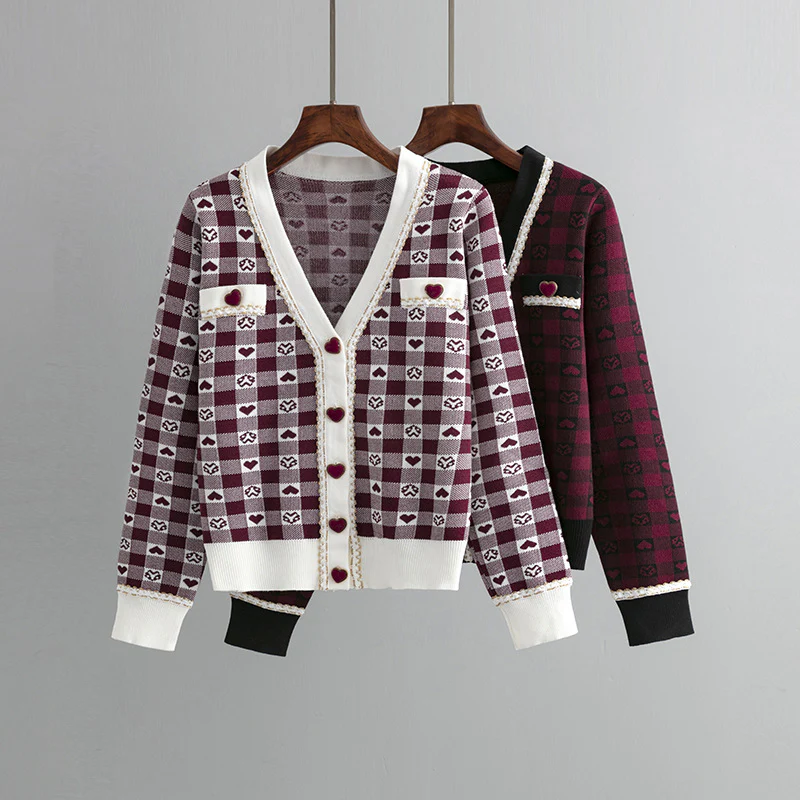 DEANWANGKT small fragrant style love plaid contrasting color knitted sweater jacket women's autumn and winter fashion light luxury high-end cardigan top - Deanwangkt