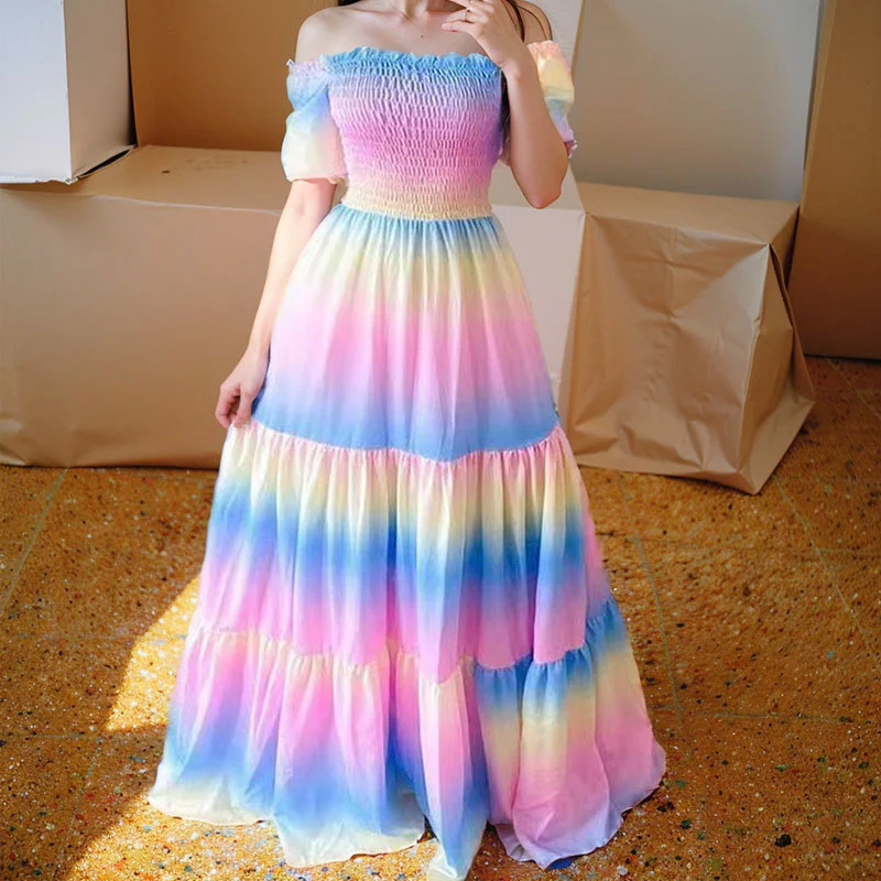 DEANWANGKT  Cross-Border New Arrival Summer European and American Women's Clothing off Shoulder Princess Dress Floral-Print off-Shoulder Swing Dress - Deanwangkt