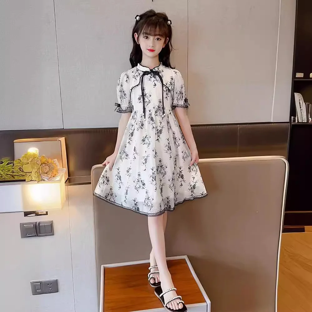 Children's Cheongsam Dress for Girls Dress Summer  New Big Children and Girls Fashionable Short Sleeve Chinese Ink Style Summer - Deanwangkt