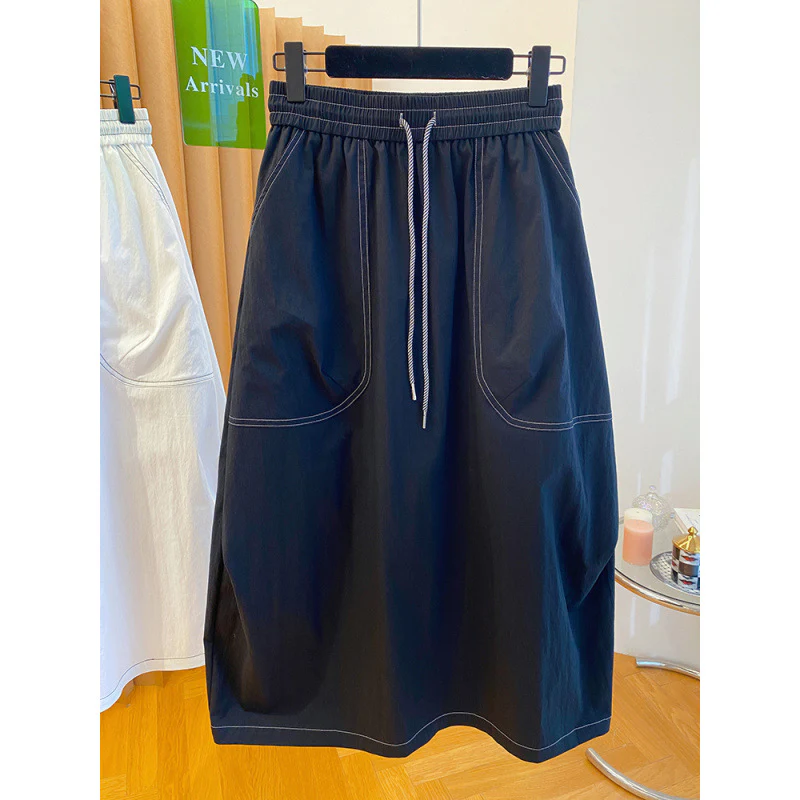 Black bright line tooling skirt women's summer  new loose high waist temperament over the knee medium and long skirt - Deanwangkt