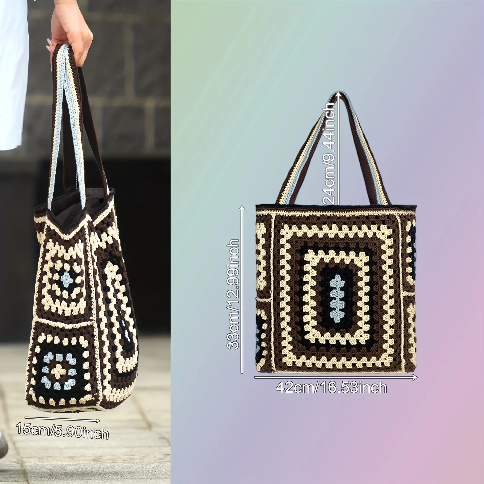 Vibrant Bohemian Chic Crochet Tote Bag - Handcrafted, Fashion-Forward Ethnic Style - Perfect for Womens Travel Adventures, Versatile & Lightweight - Deanwangkt