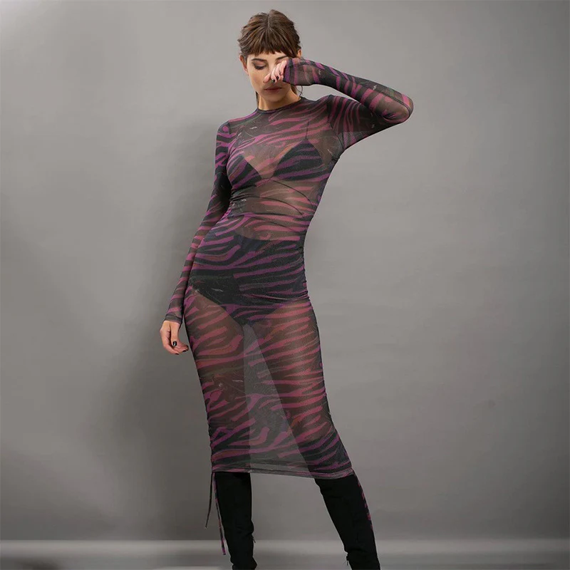 2025 M23DS509  women's clothing autumn new sexy mesh printing long-sleeved slim-fitting crew neck drawstring short dress - Deanwangkt