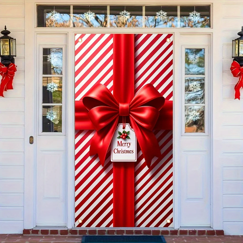 Art Deco Style Polyester Christmas Door Banner - 1pc Vertical Oblong Gift Poster Frame, 35x70 Inch Holiday Porch Hanging Decoration for Festive Room and Party Décor - Deanwangkt